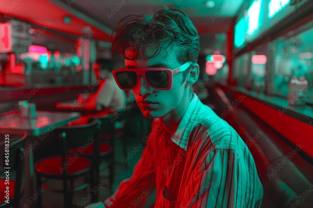A person is seated facing away from the camera in a classic diner setting with neon lights and a blurred face A person is seated facing away from the camera in a classic diner setting with neon lights and a blurred face