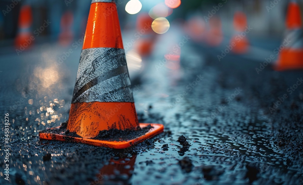 Close-up of a Construction Cone on a Wet Road Close-up of a Construction Cone on a Wet Road