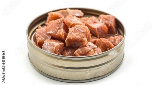 Isolated Canned Albacore Tuna Chunks in Open Tin Can on White Background