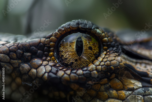 Close-up view of a reptile's eye, revealing intricate scales and reflections in the eye © StockUp