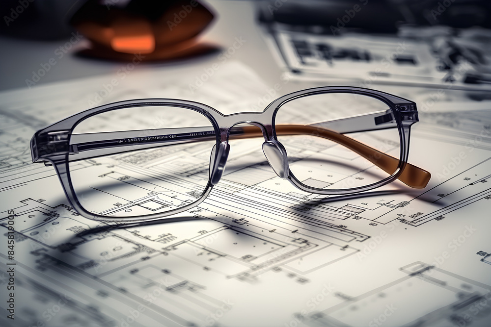 Glasses on plan design.Concept of architecture,construction. Glasses on plan design.Concepts of architecture,construction,engineering Glasses on plan design.Concept of architecture,construction. Glasses on plan design.Concepts of architecture,construction,engineering