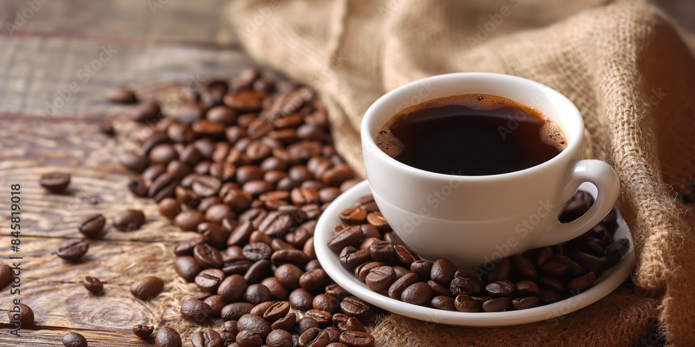 Freshly brewed black coffee in a classic white cup placed on a saucer full of coffee beans Freshly brewed black coffee in a classic white cup placed on a saucer full of coffee beans