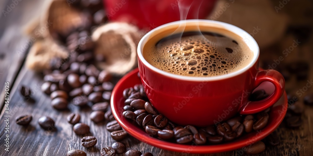 A vibrant red coffee cup filled with coffee on a bed of scattered coffee beans A vibrant red coffee cup filled with coffee on a bed of scattered coffee beans