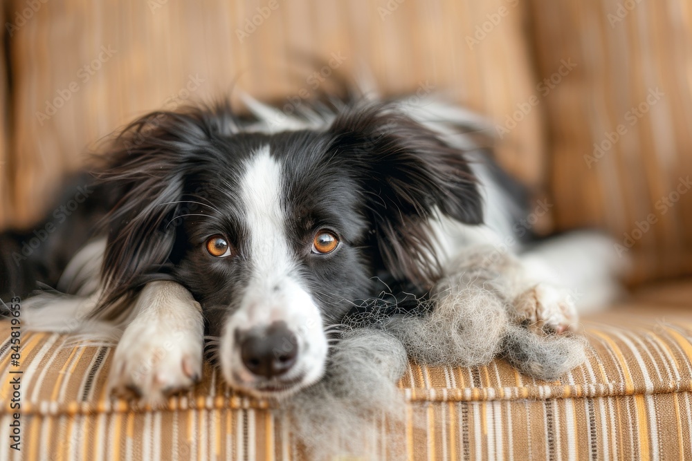 Cute puppy border collie with shedding fur lying on couch shedding in spring or autumn Indoor pet grooming and allergy concept