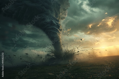 Dramatic scene of powerful tornado touching down at sunset, with dark storm clouds and flying debris creating sense of intense power and danger.