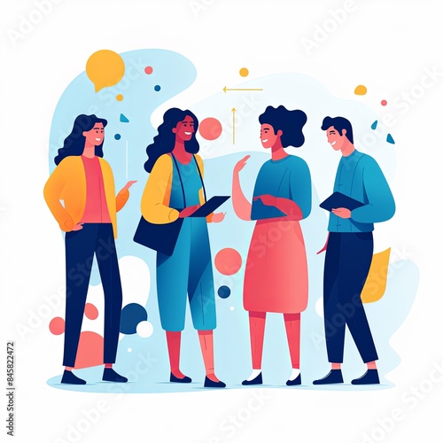 flat vector style illustration, a diverse group of people talking and collaborating, on white background 