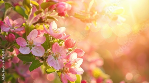 Blooming pink apple tree flowers on a spring background with beautiful sunlight Abstract orchard backdrop with space for text featuring bold colors on a sunny Easter day