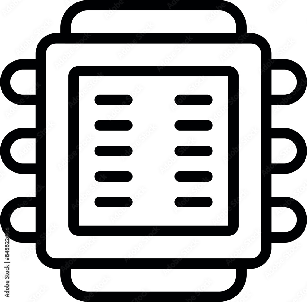 Line art icon of a computer chip processing data, symbolizing the power of technology Line art icon of a computer chip processing data, symbolizing the power of technology