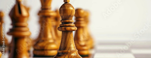 wide detailed closeup background banner photo of wooden chess pieces set with white copy space 