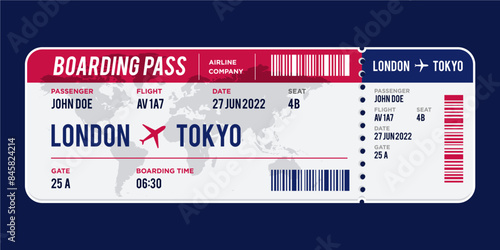 blue and red Airplane ticket design. Realistic illustration of airplane ticket boarding pass with passenger name and destination. Concept of travel, journey or business trip