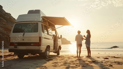 Fototapeta Naklejka Na Ścianę i Meble -  A lovely couple with vintage camper van at sea beach in summer vacation