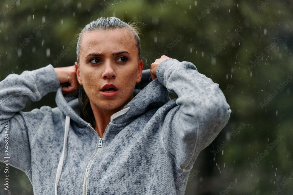 Woman Resting in the Rain After Intense Run