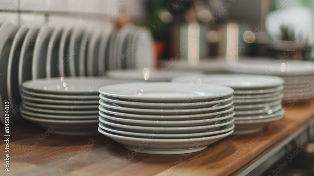 Closeup clean plates stack on a table ready for use Closeup clean plates stack on a table ready for use