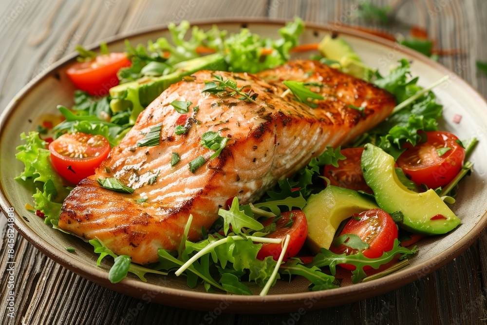 Grilled salmon with fresh green salad and avocado guacamole Grilled salmon with fresh green salad and avocado guacamole
