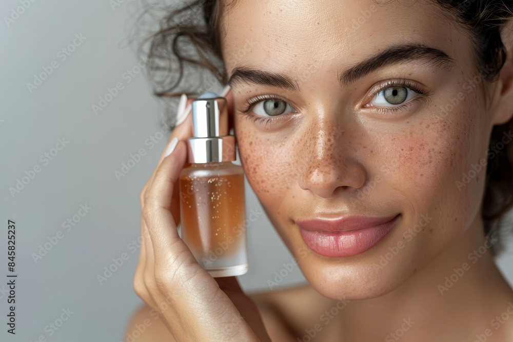Fototapeta premium Glowing Beauty - Woman with Radiant Skin Holding Facial Serum Bottle in Natural Light