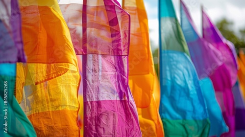 Vibrant array of colorful flags waving in the wind at a lively cultural parade closeup
