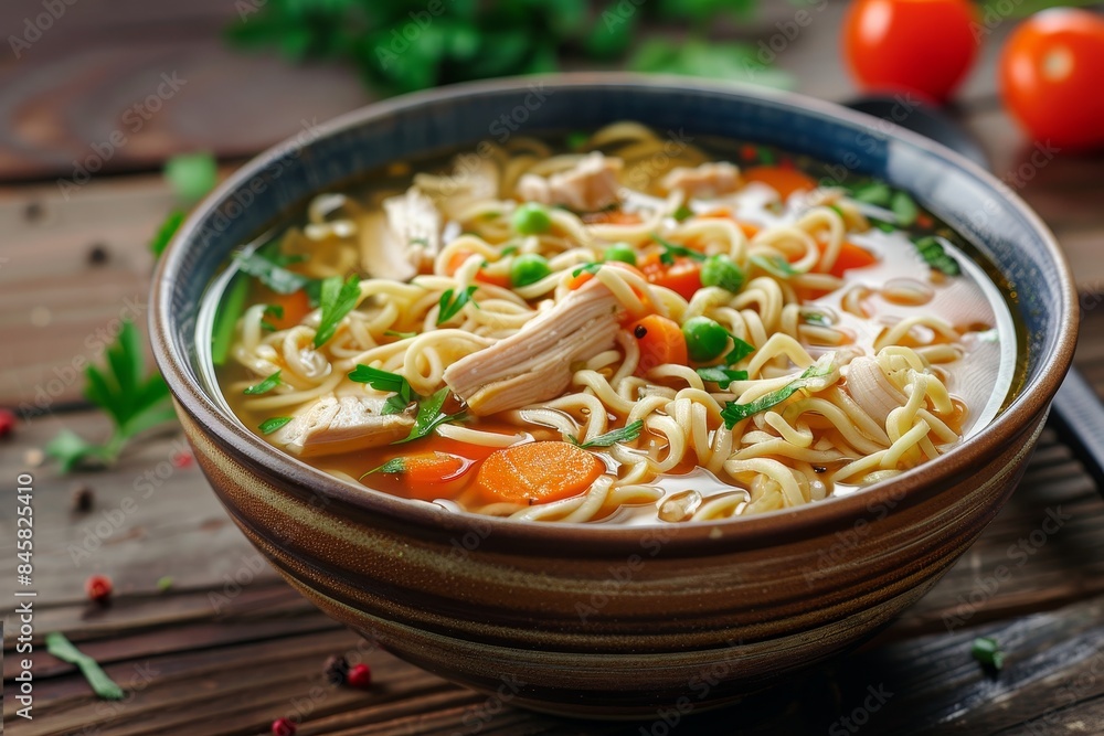 Homemade healthy meal chicken soup with noodles and vegetables in a rustic bowl on wooden background Homemade healthy meal chicken soup with noodles and vegetables in a rustic bowl on wooden background