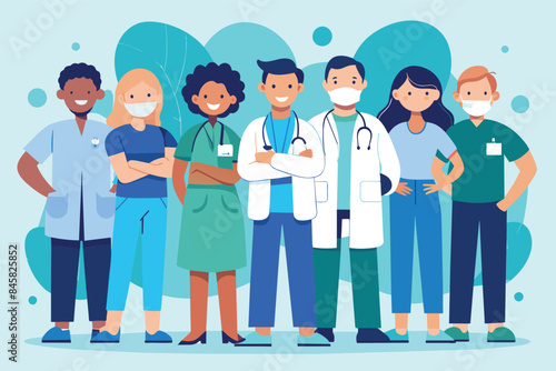 An illustration of a group of healthcare professionals, including doctors and nurses, standing together and wearing face masks.