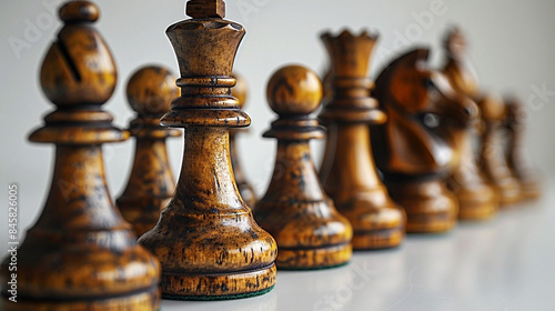 wide detailed closeup background banner photo of wooden chess pieces set with white copy space 