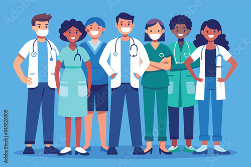 A diverse group of healthcare workers, wearing scrubs and lab coats, stand together in solidarity. They all wear face masks and smile.