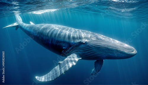 A large blue whale swimming in the ocean with its mouth open, revealing its baleen plates. The whale is surrounded by a bright blue ocean and a clear sky with some clouds photo