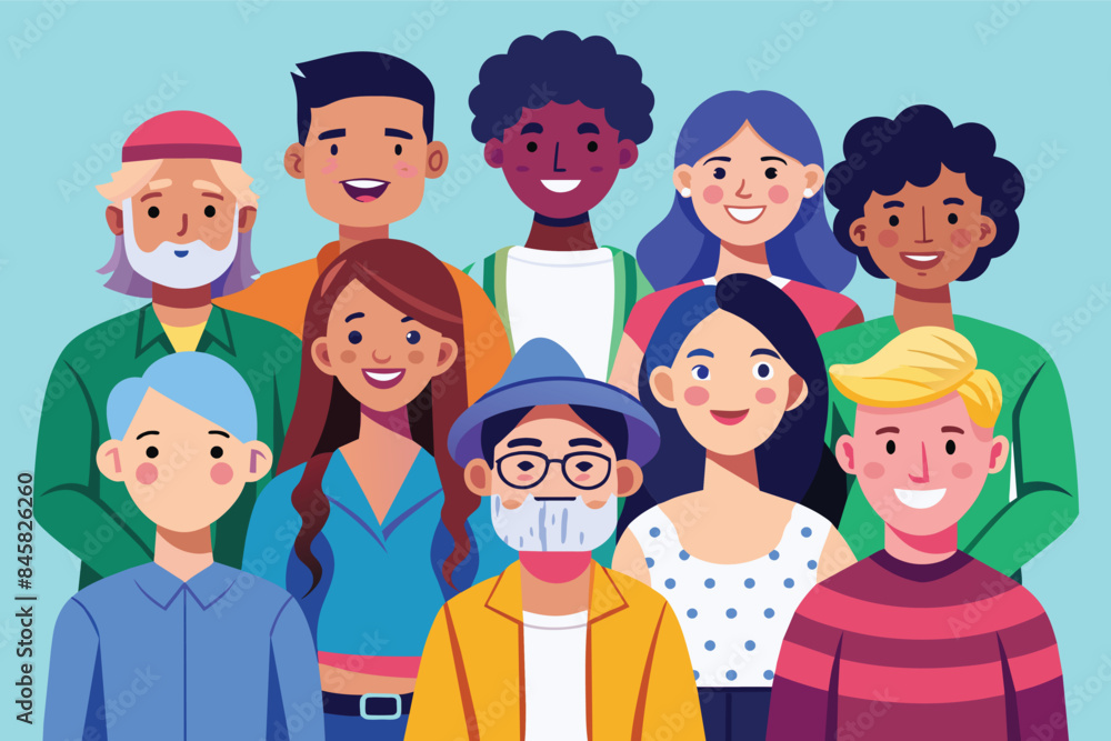 A group of nine diverse individuals of various ages and genders stand together smiling for a portrait. A group of nine diverse individuals of various ages and genders stand together smiling for a portrait.