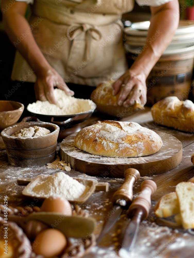 Baker Creating Homemade Bread with Ingredients and Utensils on Kitchen Counter