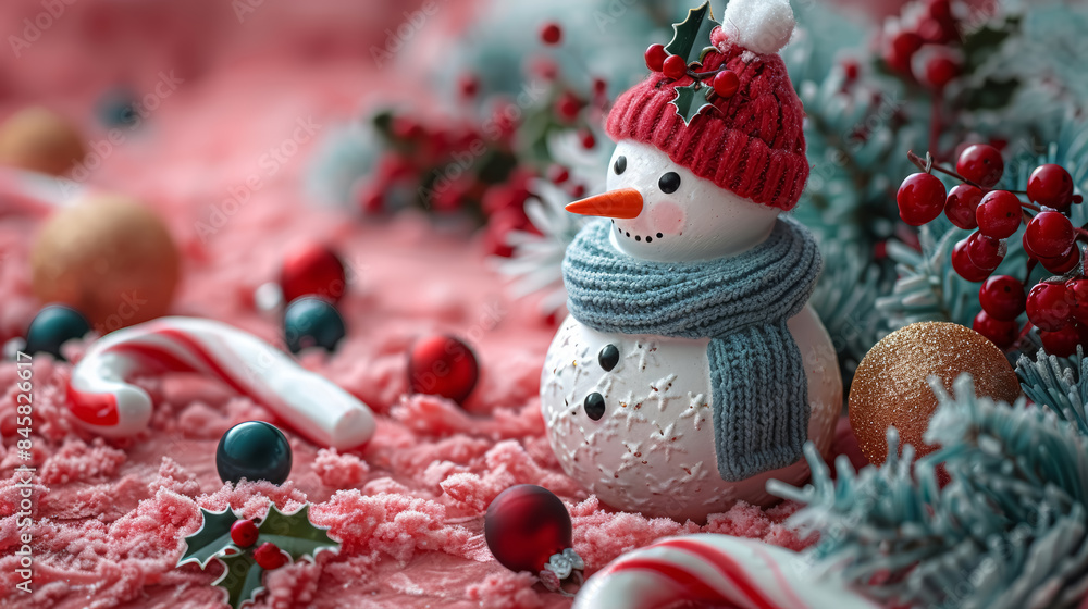 Obraz premium Christmas pattern with snowman, Christmas decorations, holly and candy canes. Merry Christmas and New Year greeting card.