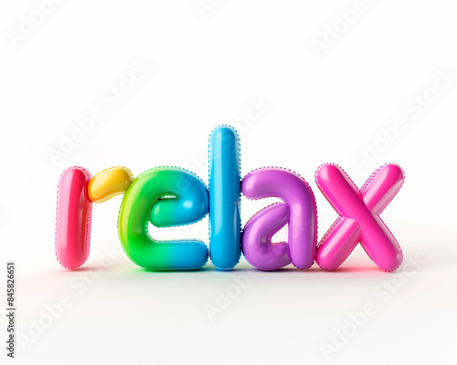 AI generated photo with inflatable multicolored letters "relax". Minimalistic balloon lettering isolated on a white background