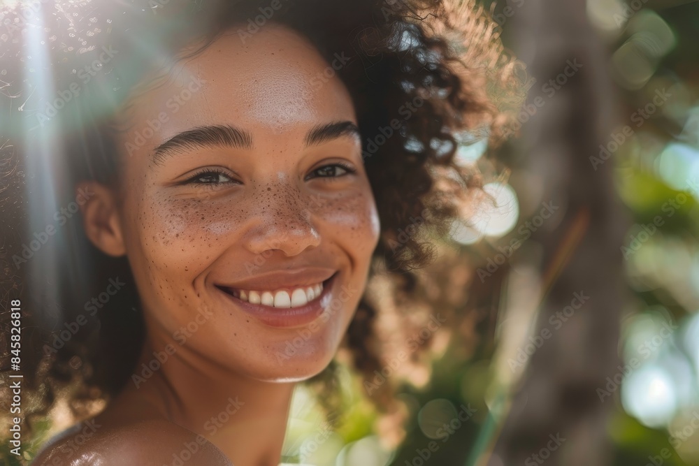 Radiant Woman with Flawless Skin Beaming in Serene Outdoor Environment Radiant Woman with Flawless Skin Beaming in Serene Outdoor Environment