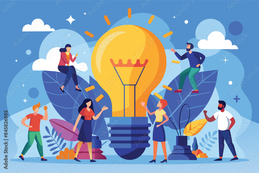 Naklejka premium A diverse group of cartoon characters are collaborating around a giant lightbulb, symbolizing their collective effort in generating new ideas.