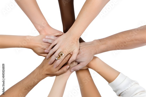 Closeup of multiple hands holding each other in a circle, symbolizing unity and support isolated on a white background with a clipping path