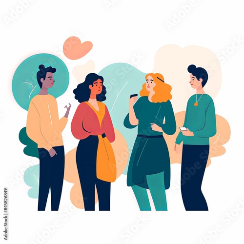 flat vector style illustration, a diverse group of people talking and collaborating, on white background 