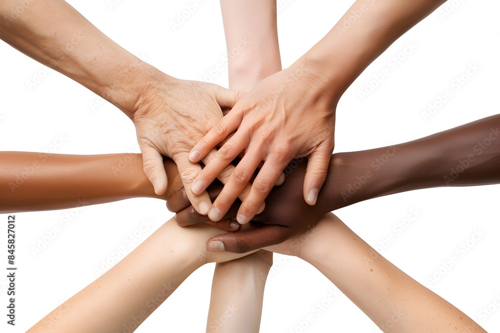 Closeup of multiple hands holding each other in a circle, symbolizing unity and support isolated on a white background with a clipping path Closeup of multiple hands holding each other in a circle, symbolizing unity and support isolated on a white background with a clipping path