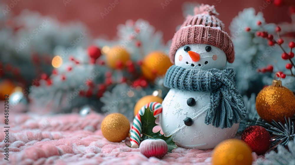 Obraz premium Christmas pattern with a snowman wearing cozy woollen hat and scarf, Christmas decorations, holly and candy canes. Merry Christmas and Happy New Year greeting card.