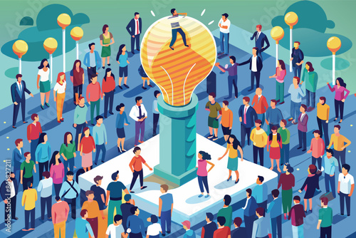 An illustration depicting a large group of diverse people gathered around a giant lightbulb in a city park. The scene symbolizes the power of ideas and innovation.