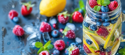 Revitalizing Homemade Lemonade Cocktail with Fresh Berries and Mint for Detox and Body Cleansing © Lasvu