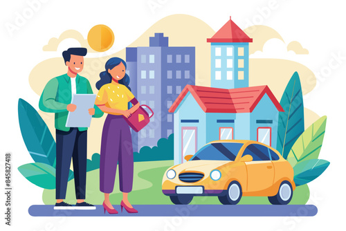 Illustration of a young couple standing in front of a new house with a car parked in the driveway, showcasing a happy purchase moment in a city setting.