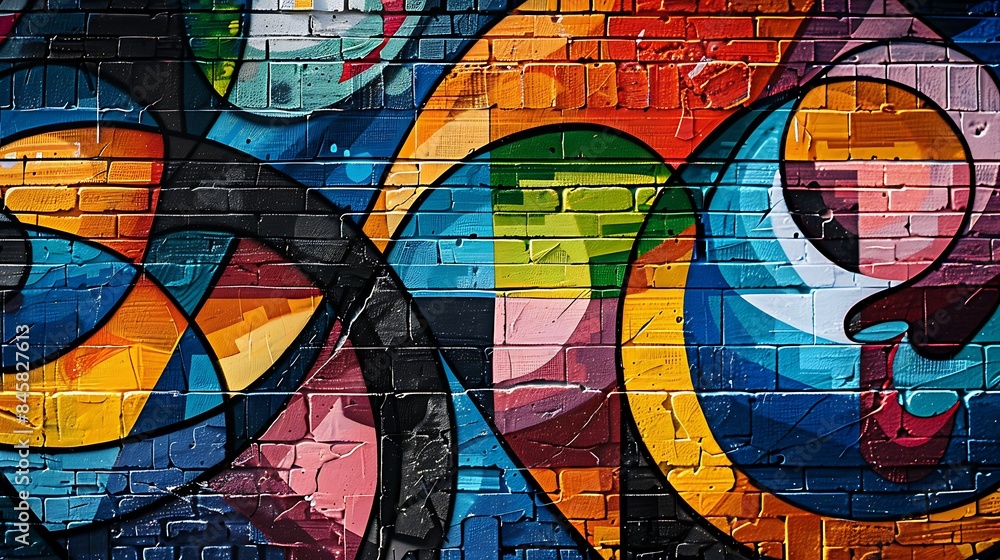 Obraz premium A striking graffiti art piece full of bright colors and bold lines, on an urban brick wall