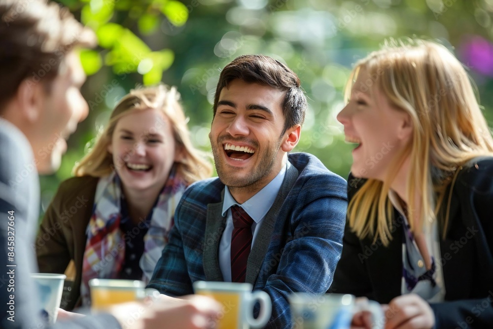 Group of diverse professionals laughing and enjoying a break outdoors. Group of diverse professionals laughing and enjoying a break outdoors.