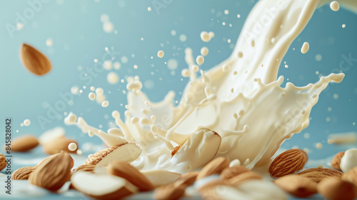 Organic Almond Milk. Almond nuts falling in almond splash, isolated on light blue background. Splash with almond nuts.