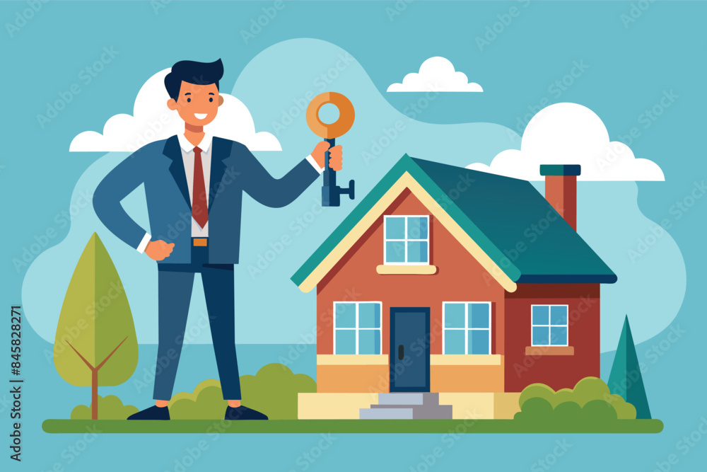 A cartoon illustration depicts a man in a suit holding a large key in front of a small suburban home. The man is smiling, suggesting he is happy and excited. A cartoon illustration depicts a man in a suit holding a large key in front of a small suburban home. The man is smiling, suggesting he is happy and excited.