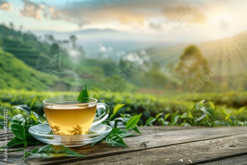 Organic green tea in a cup on a wooden table with tea plantations in the background