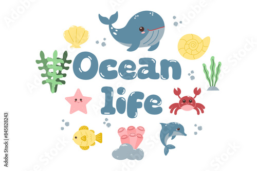 Set with Sea animals. Vector cute set of marine life.