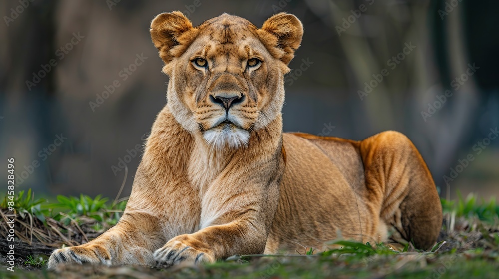 Female lion lying in the shade alone. Generative Ai Female lion lying in the shade alone. Generative Ai