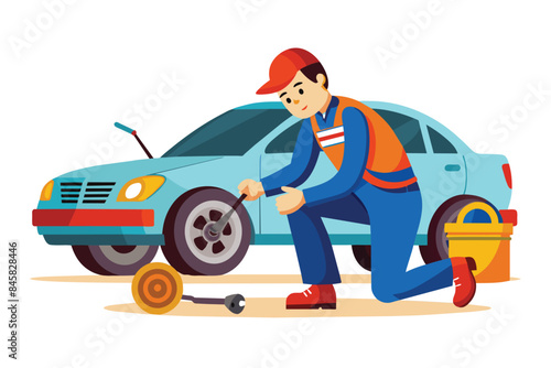 A mechanic in a blue jumpsuit and orange vest is changing a tire on a blue car. The mechanic is kneeling and using a wrench to loosen the lug nuts.
