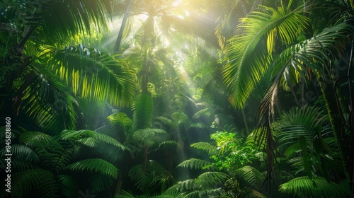 Deep tropical rainforest with green plants  moss  ferns.