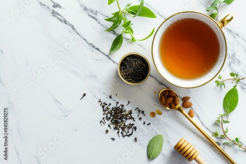 Overhead shot of black tea spoon honey dipper herbs on white marble surface Square image with room for text photo