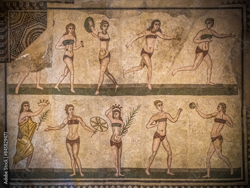 Bikini girls mosaics in Villa Romana del Casale, Piazza Armerina, Sicilia, Italy.