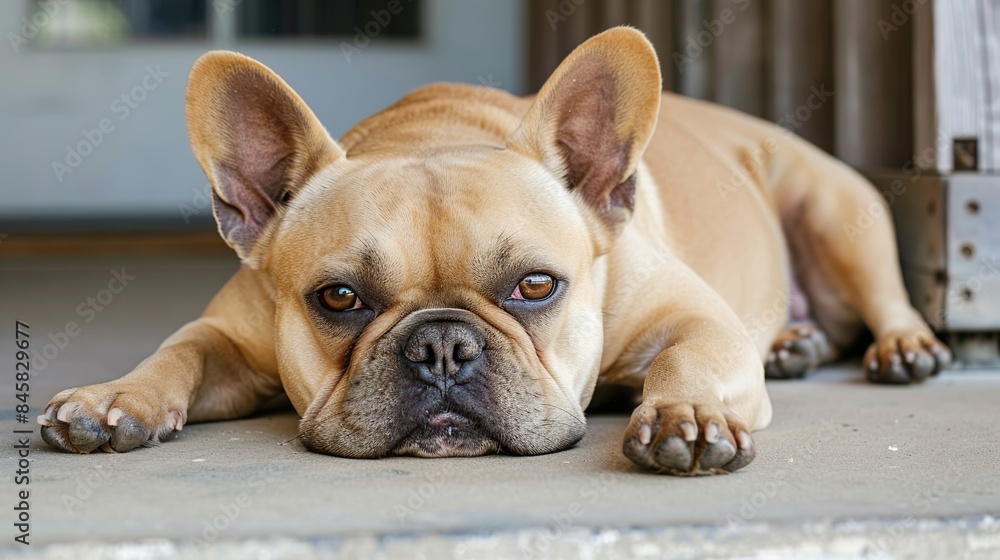French bulldog lying stay still and calm on cement floor. Cute dog . Generative Ai French bulldog lying stay still and calm on cement floor. Cute dog . Generative Ai